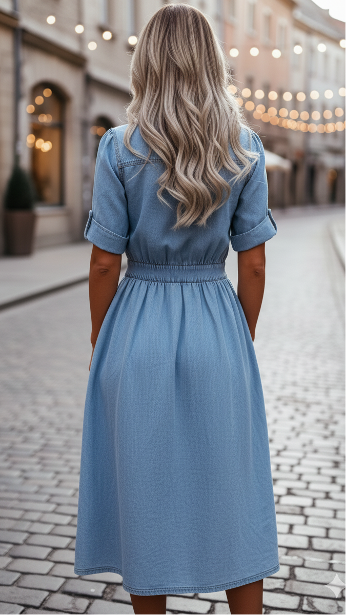 Tenue décontractée chic: robe midi chemise en denim femme, bleu, avec ceinture. Un essentiel confortable de la mode moderne.