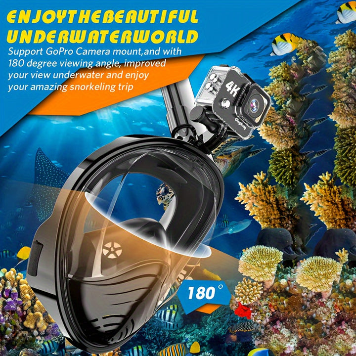 Masque de snorkeling unisexe 180°. Idéal pour la plongée, avec un support caméra intégré.