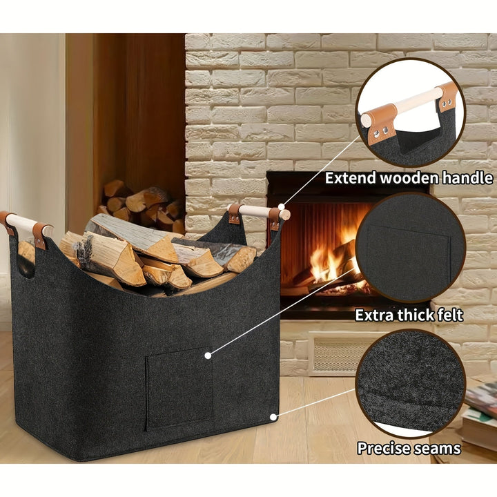 Panier feutre gris XL durable avec poignées bois, accessoire intérieur chic pour rangement organisé.