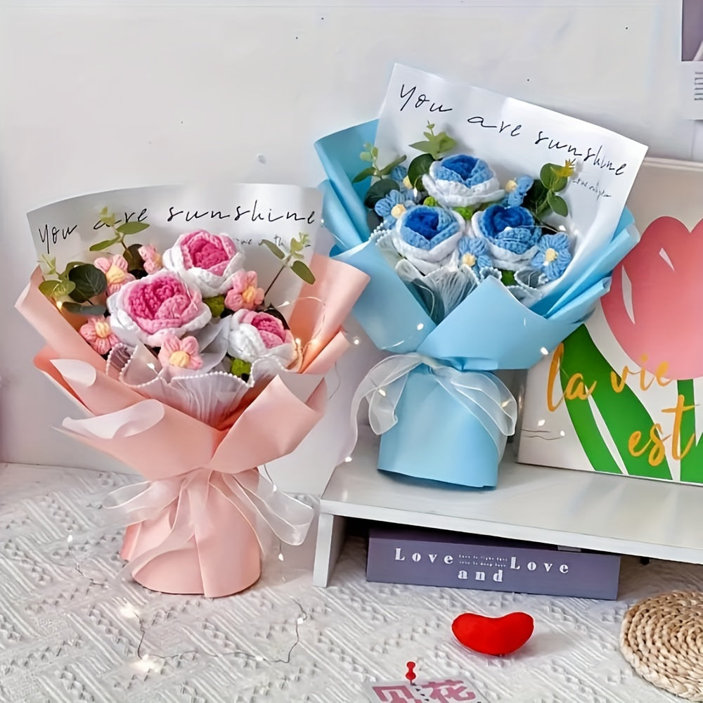 Fleurs de crochet artisanales roses, jaunes et bleues, bouquet fait main pour décoration ou cadeau d'anniversaire.