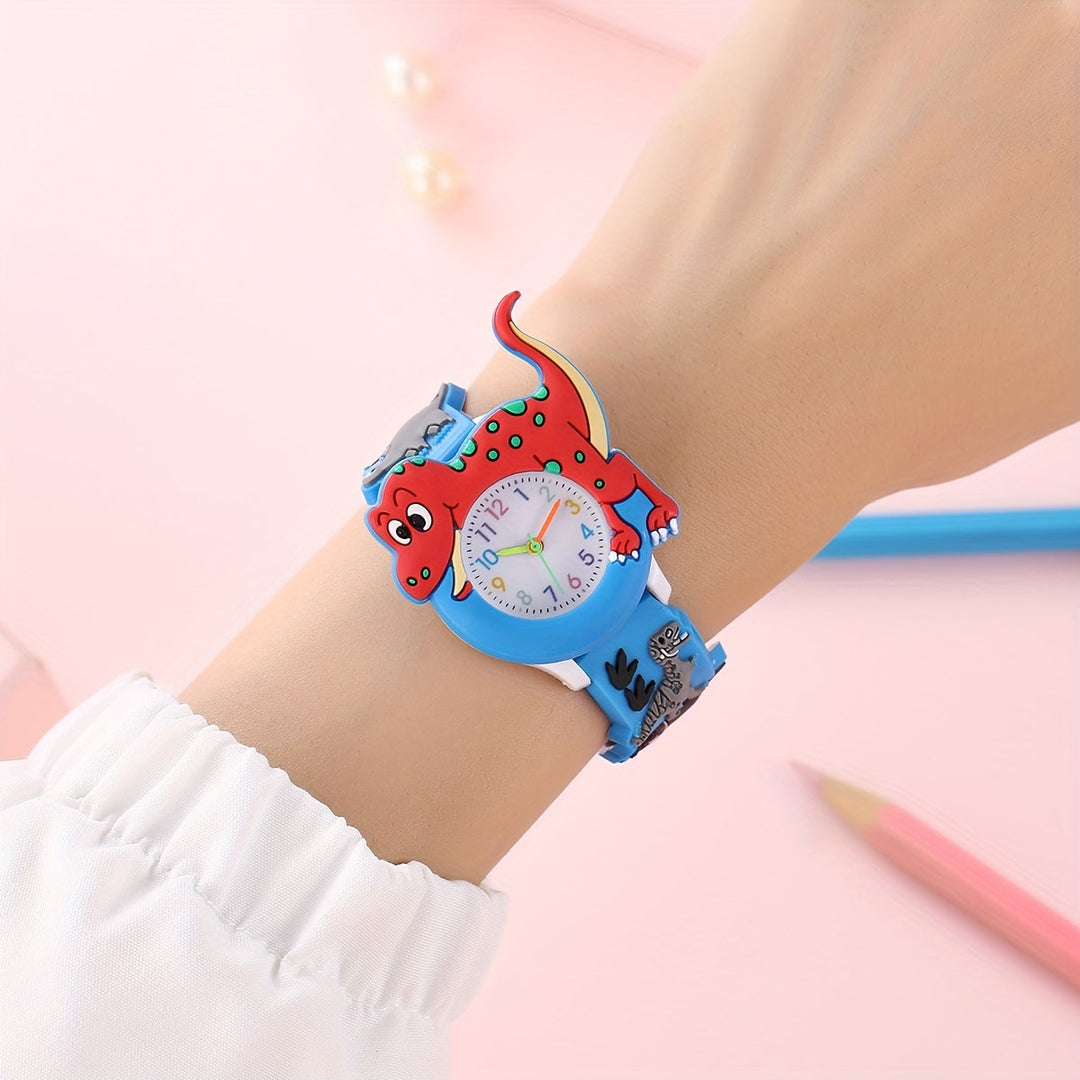 Jolie montre enfant dinosaure Tyrannosaure Rex. Bracelet silicone multicolore, apprentissage facile de l'heure.