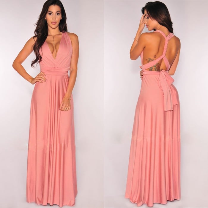 Robe élégante maxi femme, dos nu, pour invitée de mariage, cérémonie ou soirée chic d'été.