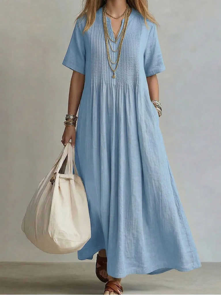 Élégante robe maxi décontractée femme en coton lin, parfaite pour le printemps et l'été.