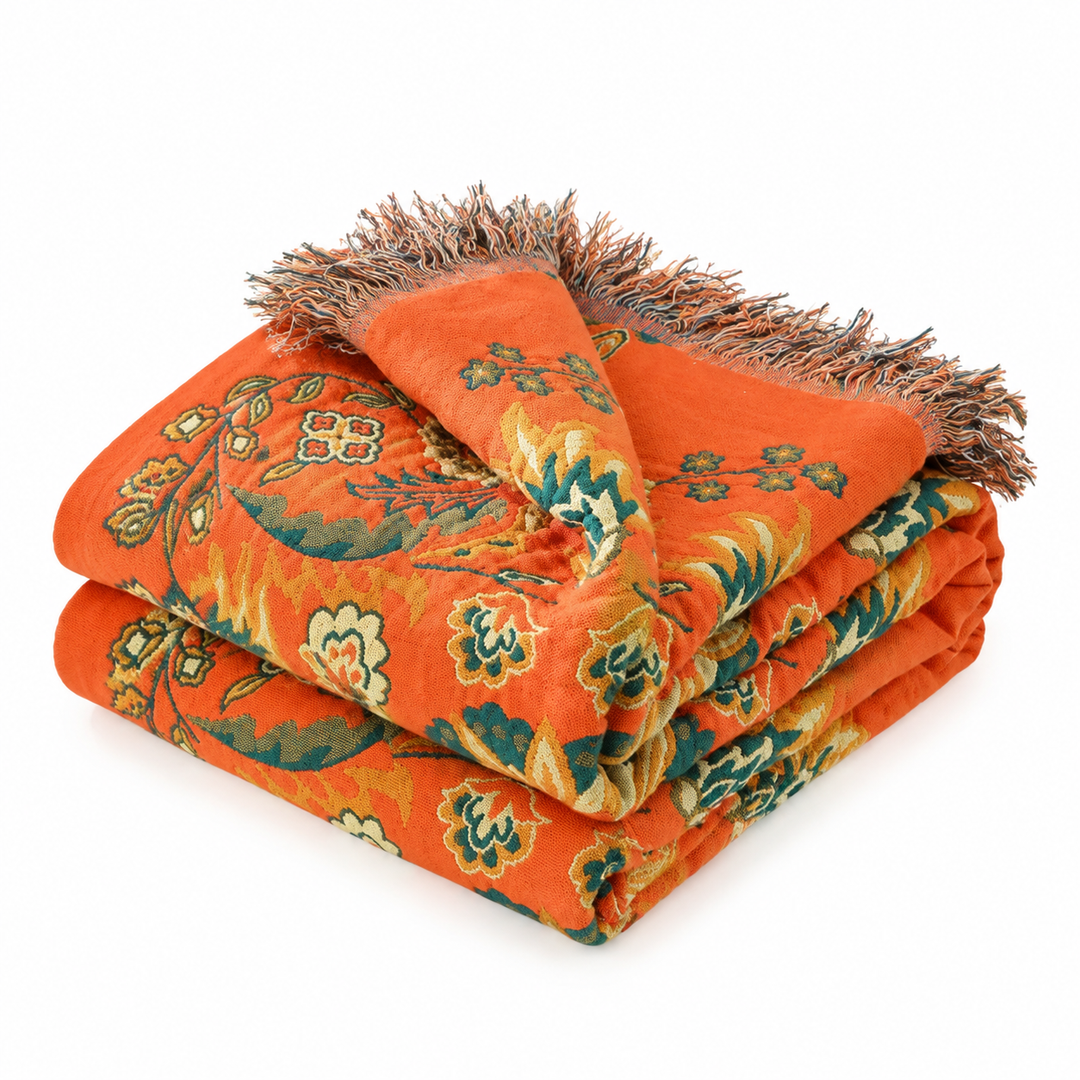 Couverture réversible florale orange et bleu sarcelle pour lit ou canapé, motif maison, légère et décorative.
