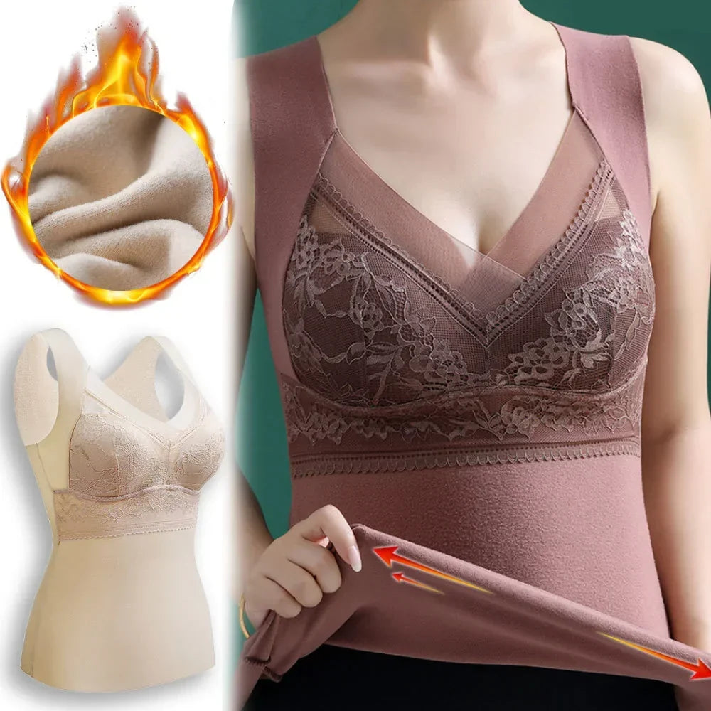 Débardeur thermique femme doux et chaud, avec soutien-gorge intégré pour un confort optimal en hiver.