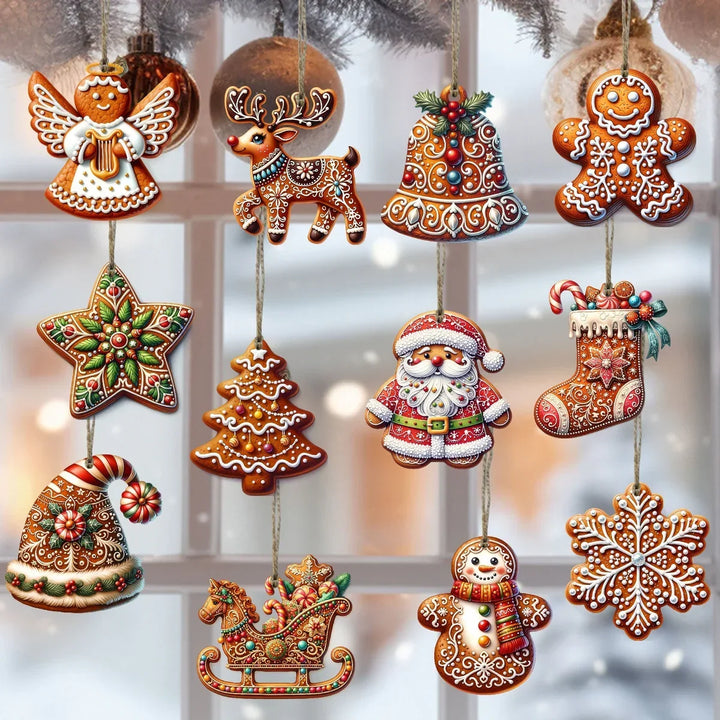 Lot de 12 décorations de Noël artisanales en bois, formes variées, style rustique pour sapin. Fêtes traditionnelles.