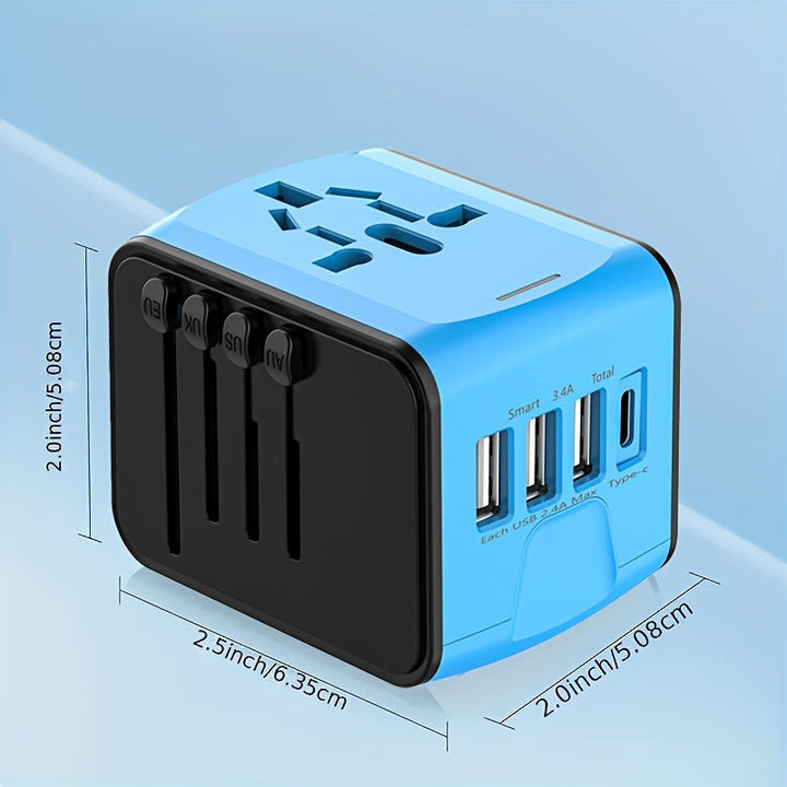 Adaptateur de voyage rapide et sécurisé, chargeur universel avec 4x USB et Type-C intégré.