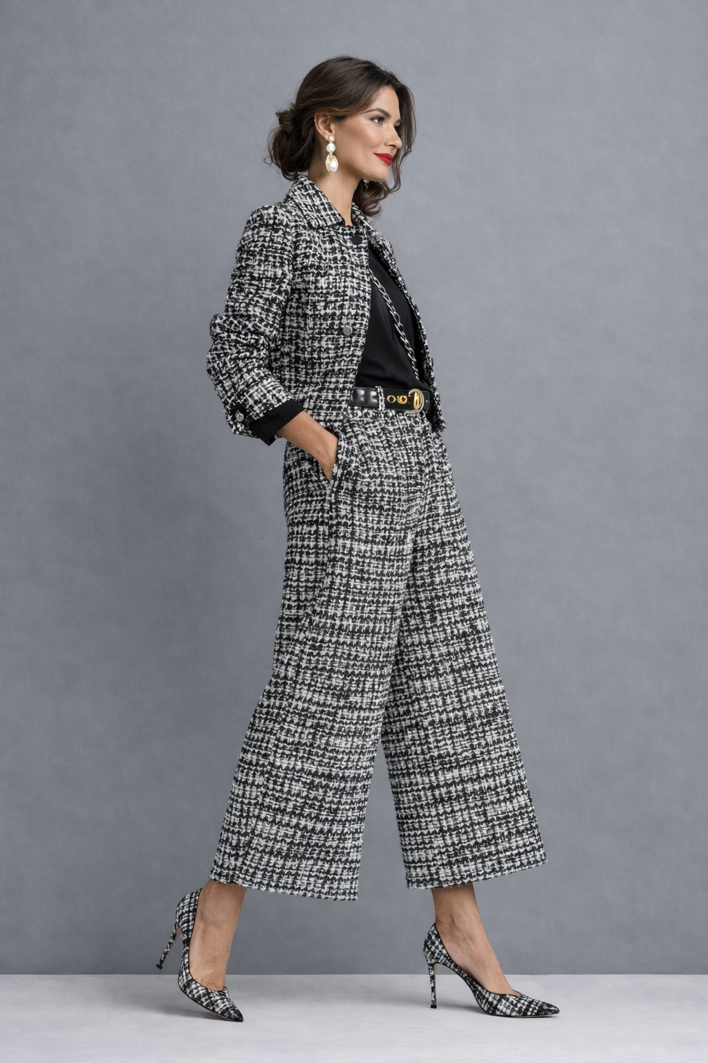 Ensemble chic en tweed pour femme, veste courte et pantalon large, un look sophistiqué pour toute saison.