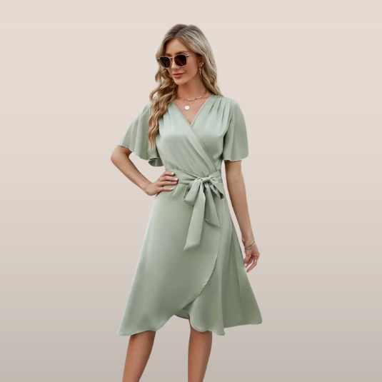 Robe portefeuille mi-longue femme élégante, col V, ceinture nouée. Idéale pour un look chic et moderne.