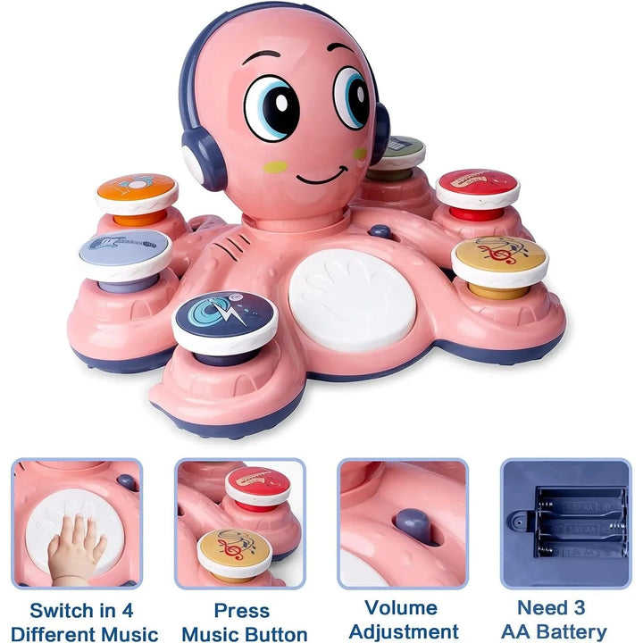 Poulpe musical et interactif GroovyPus, idéal pour l'éveil sensoriel, l'apprentissage du rythme et la motricité des enfants.