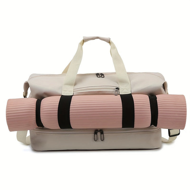Sac de voyage unisexe ouvert, révélant compartiment principal spacieux et section sec/humide.
