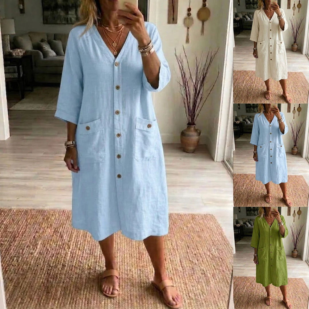 Robe midi ample en coton lin pour femme, col V élégant, idéale printemps/été décontracté et confortable.