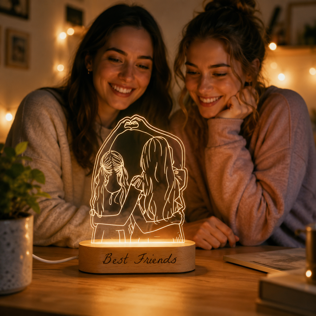 Lampe LED AuraGlow en acrylique transparent, socle bois, avec votre photo personnalisée. Cadeau unique.