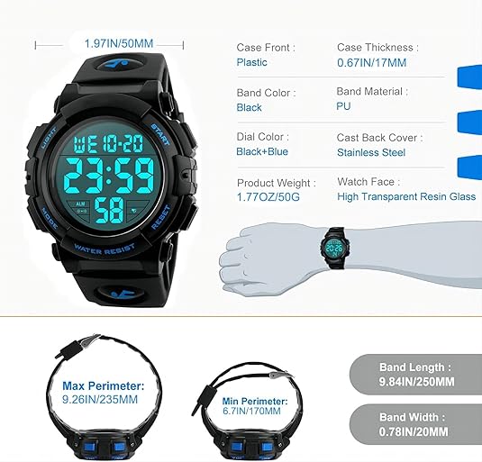 Montre sport homme digitale style militaire, idéale pour activités outdoor, fitness et aventure.