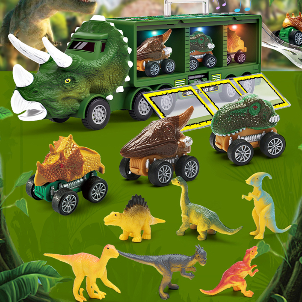 Camion jouet dinosaure interactif avec effets lumineux et sonores réalistes pour des aventures préhistoriques.