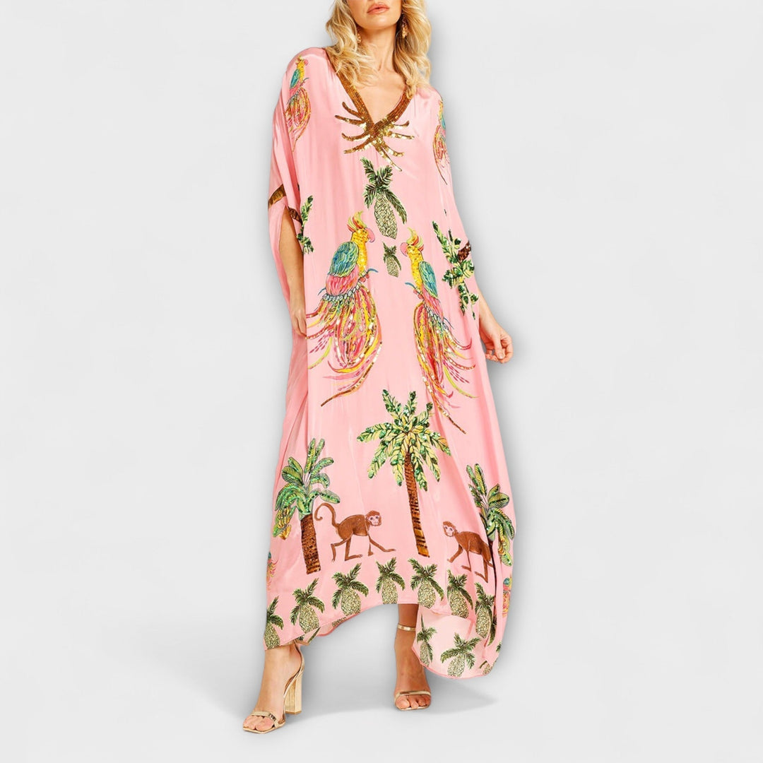 Robe longue décontractée chic pour femme, asymétrique, motif cocotier. Idéale pour la plage et l'été.