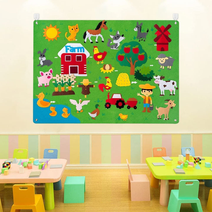 Tableau feutre éducatif pour enfants, favorisant le développement cognitif et la créativité avec dinosaures et animaux.