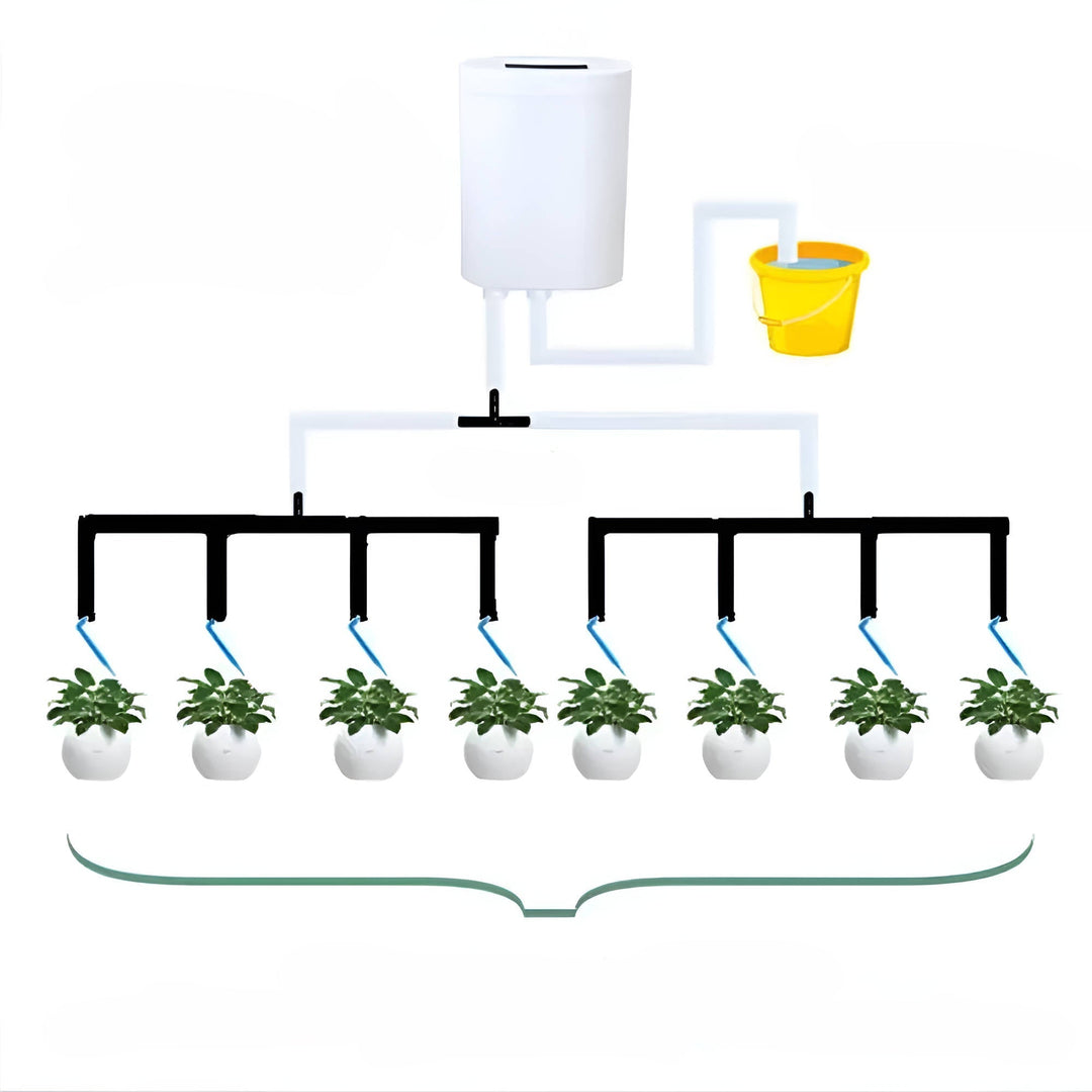Accessoire de jardinage intelligent: système d'arrosage automatique pour plantes en pot sur balcon ou terrasse.