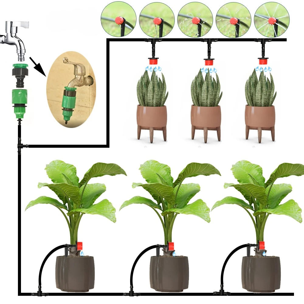 Kit d'arrosage automatique complet: minuterie, tuyau goutte-à-goutte et raccords pour vos plantes.