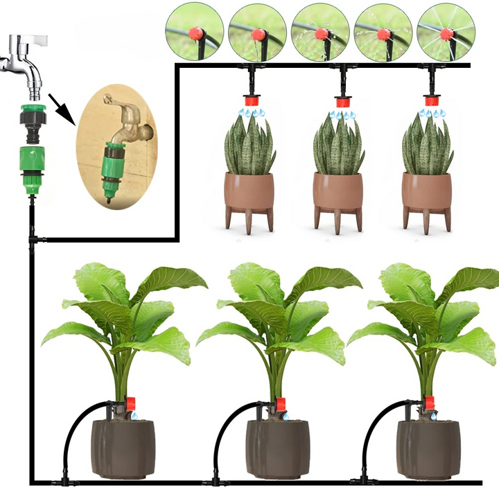 Kit d'arrosage automatique complet: minuterie, tuyau goutte-à-goutte et raccords pour vos plantes.
