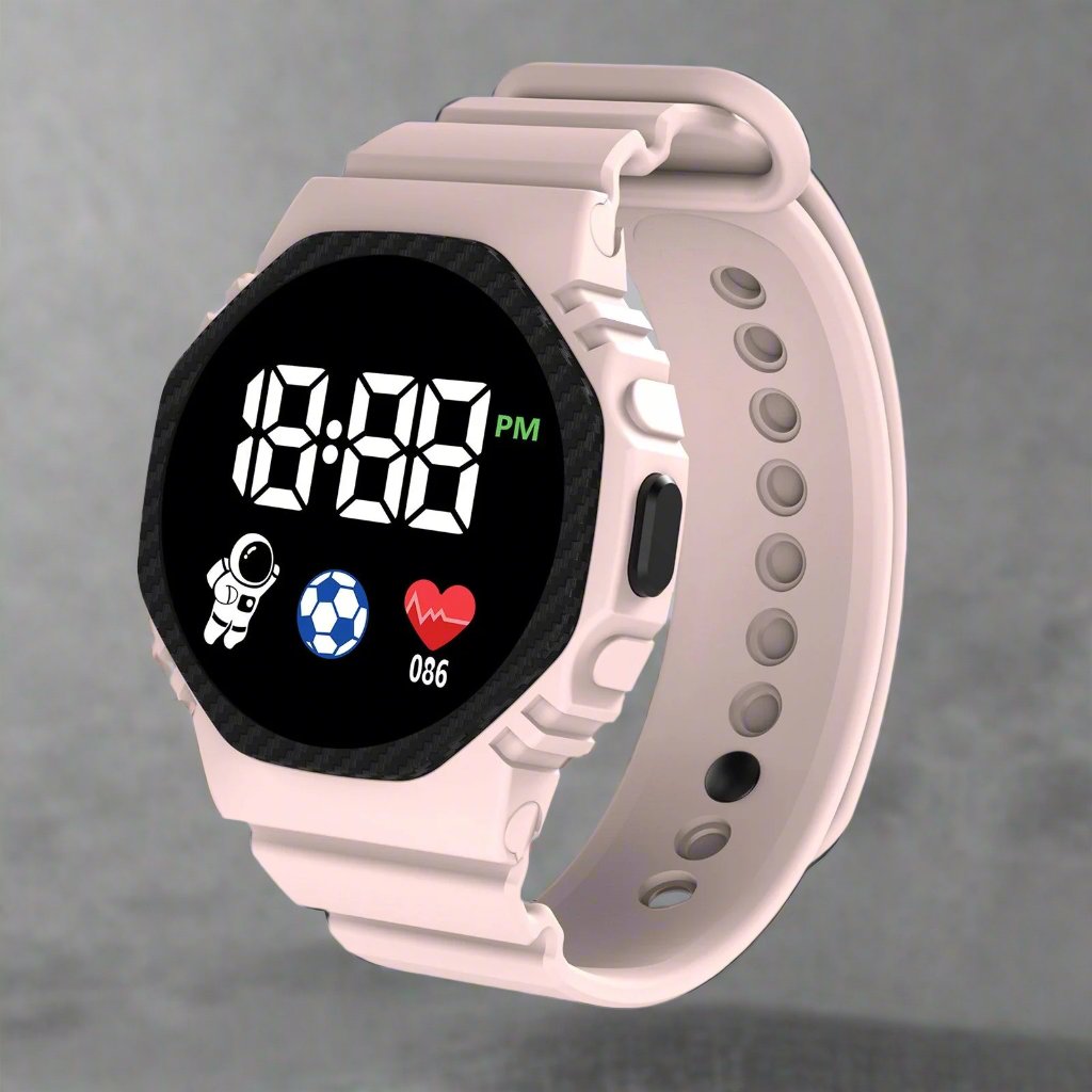 Montre enfant digitale LED intuitive avec calendrier, design robuste et coloré. Le cadeau parfait pour jeunes juniors actifs.