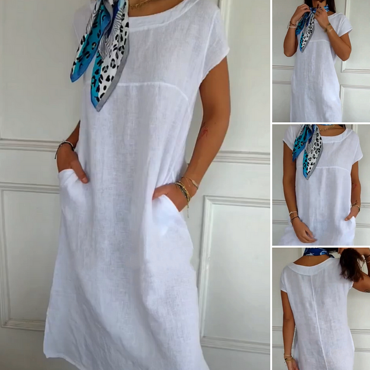 Silhouette de robe longue femme ample en lin et coton, offrant un confort décontracté et élégant pour l'été.