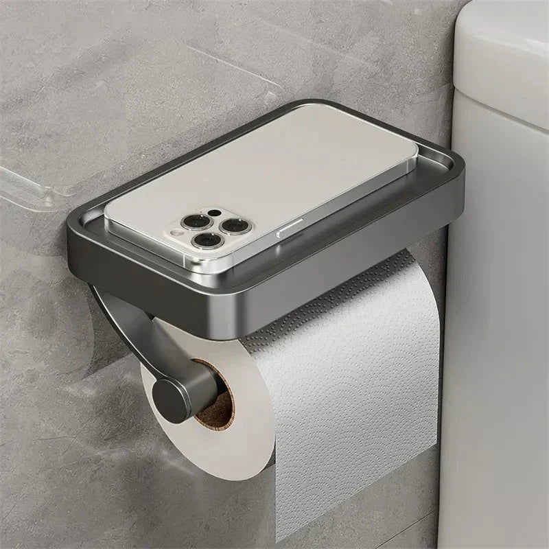Support papier toilette mural moderne avec étagère, accessoire pratique pour toute salle de bain.