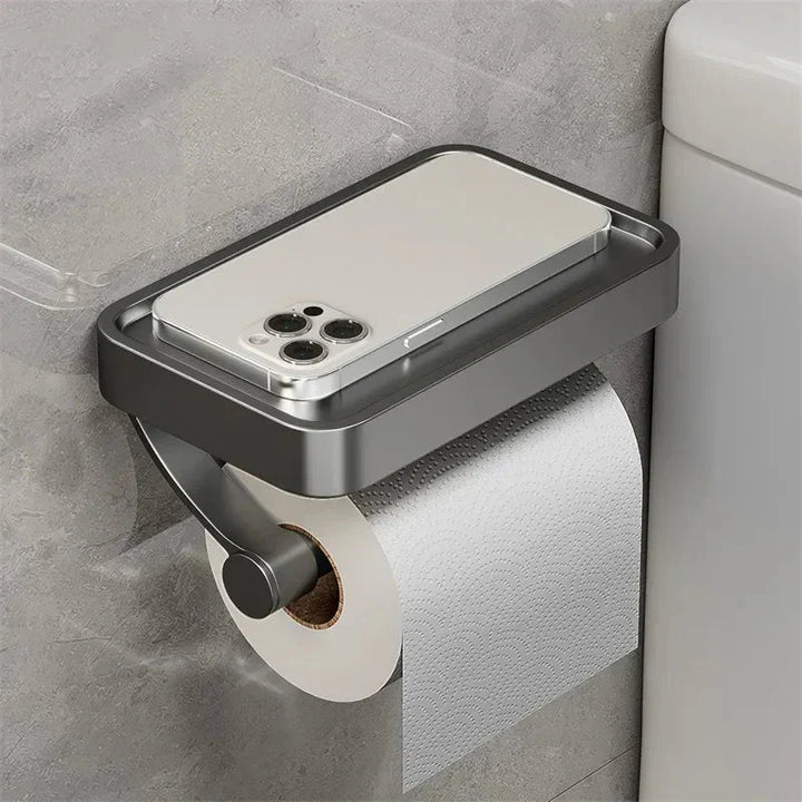 Support papier toilette mural moderne avec étagère, accessoire pratique pour toute salle de bain.