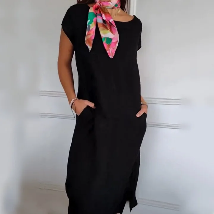 Robe longue femme lin coton, avec col rond et poches pratiques, style ample et décontracté estival.
