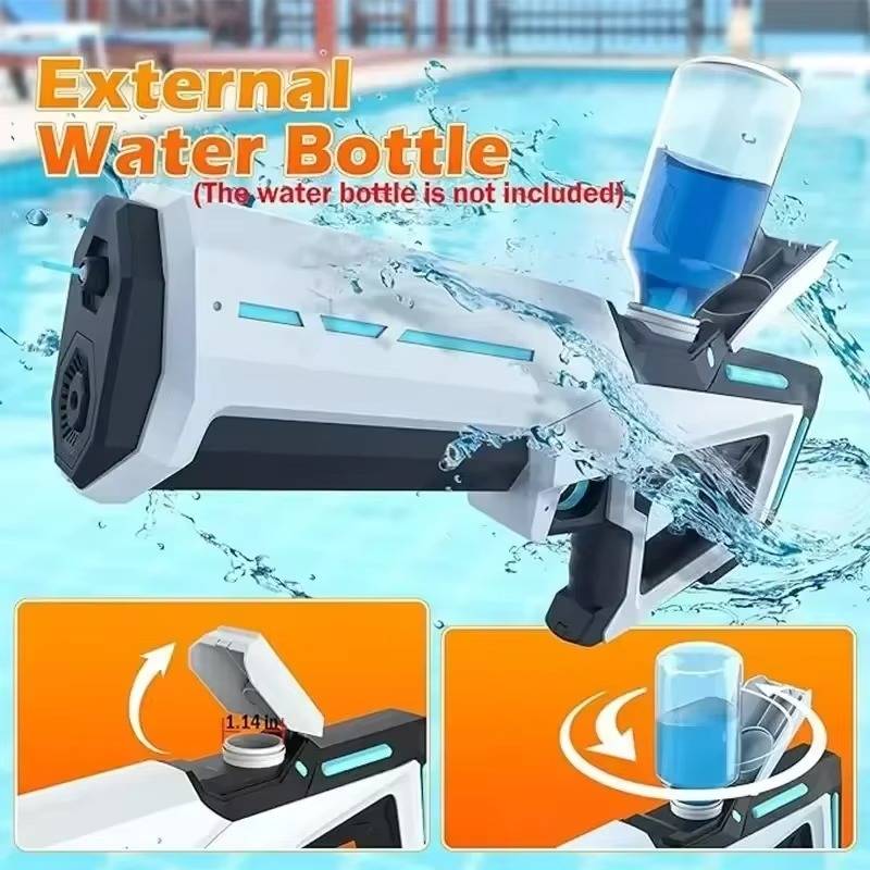 Pistolet à eau électrique vue de profil, mettant en avant sa conception robuste pour les jeux aquatiques d'été.