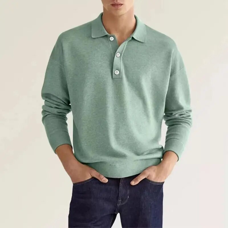 Polo homme manches longues en coton respirant, style polyvalent élégant, idéal pour la mode masculine décontractée.