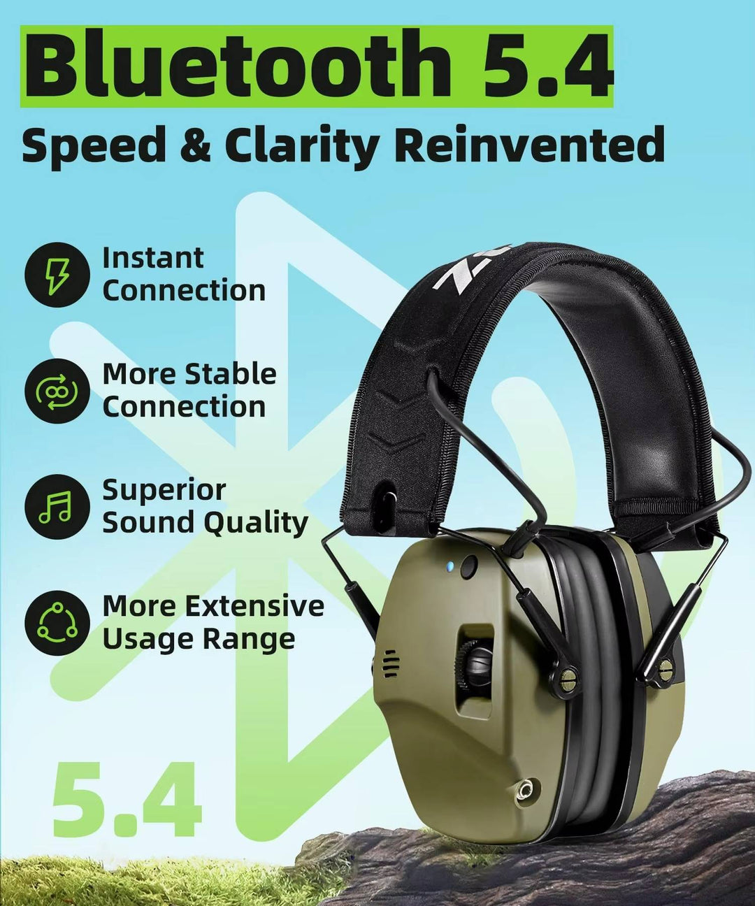 Casque antibruit Bluetooth avec amplification sonore pour chasse et tir, confort et sécurité auditive pro.