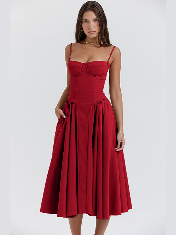 Robe midi femme structurée, effet corset, avec bretelles réglables, idéale pour l'été et les fêtes.