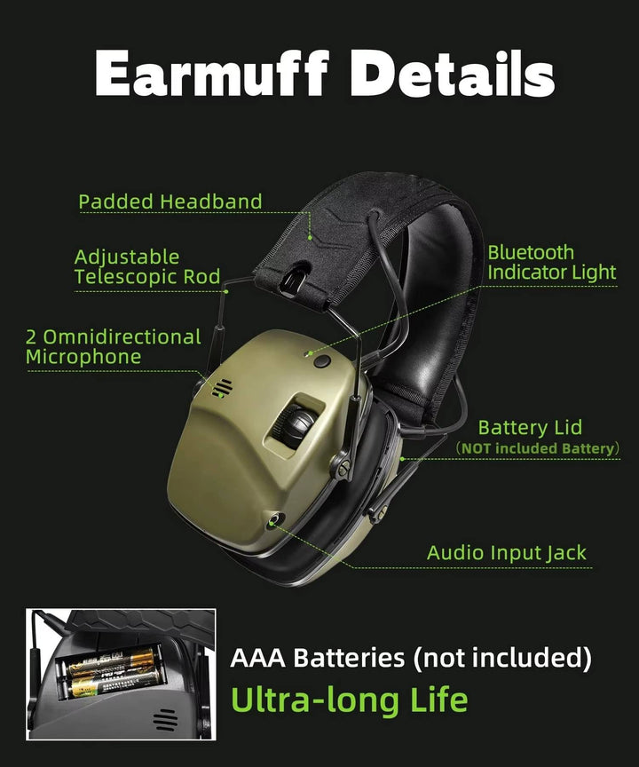 Protection auditive active pour tir et chasse, casque antibruit Bluetooth robuste pour sécurité professionnelle en extérieur.