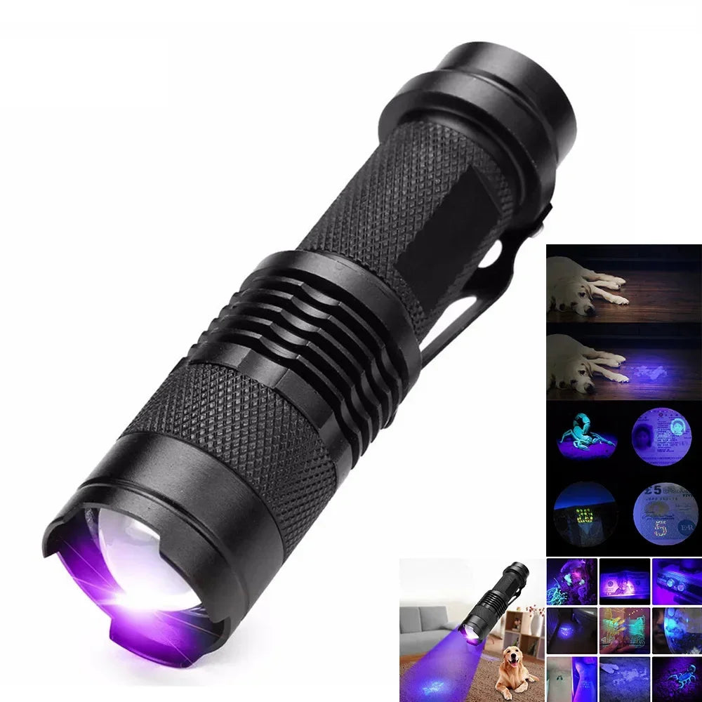 Lampe de poche UV LED portable pour détection rapide des taches cachées, urine d'animaux, hygiène maison.