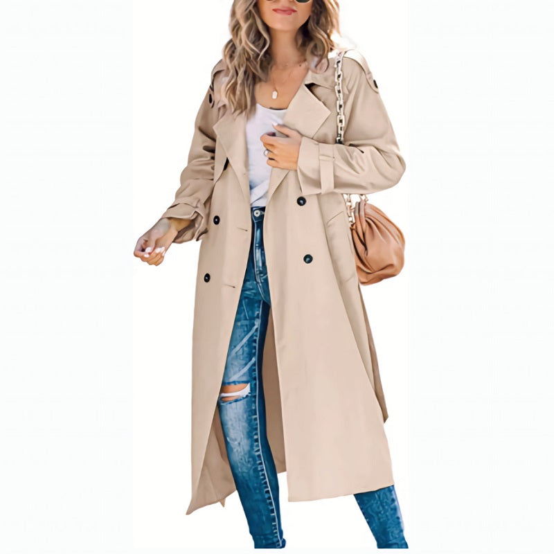 Trench-coat femme long, élégant, avec ceinture et col à revers, parfait pour l'automne et le printemps.