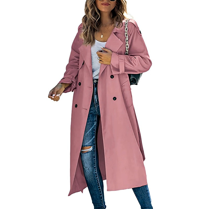 Manteau trench-coat femme long, style classique mode, idéal pour le printemps et l'automne.