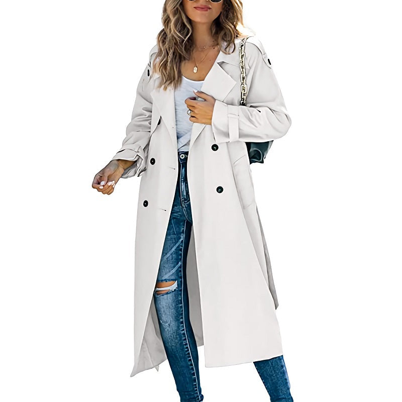 Trench-coat femme long et élégant pour le printemps et l'automne, coupe classique, idéal entre-saison.