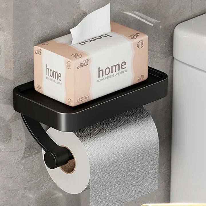 Support papier toilette mural adhésif avec étagère pratique, installation facile et rapide.