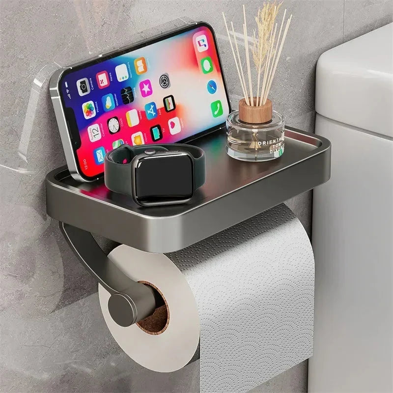 Porte-papier toilette mural et étagère de rangement, optimise l'espace de la salle de bain.