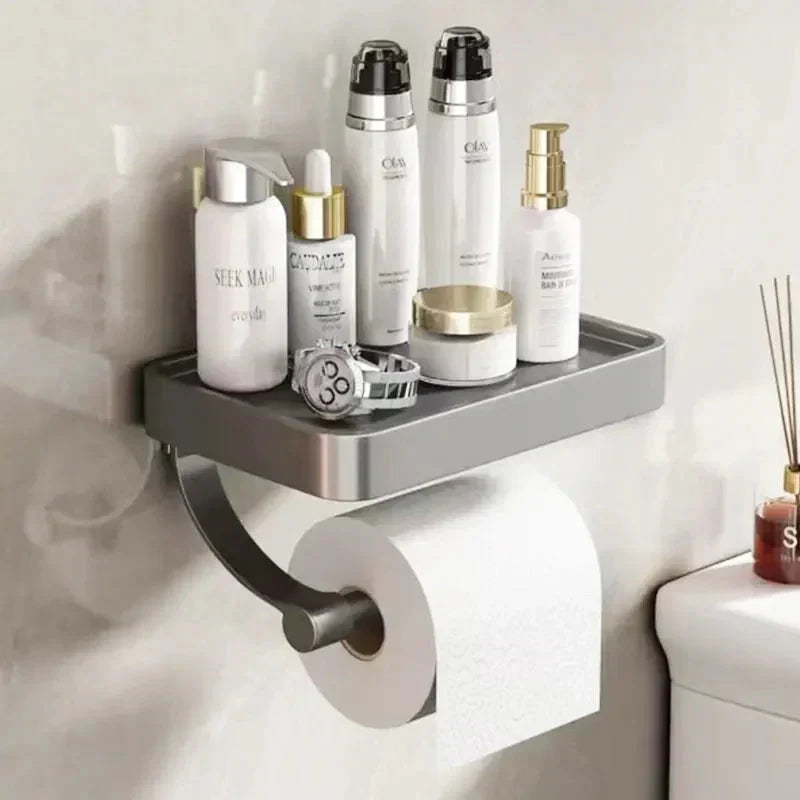 Rangement mural pour salle de bain: support papier toilette et petite étagère fonctionnelle.
