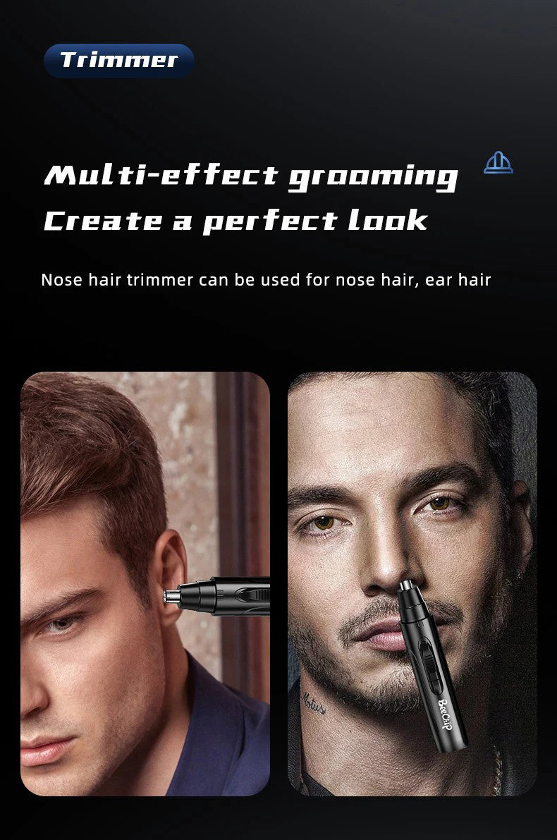 Tondeuse de précision pour nez et oreilles, rechargeable, offrant une coupe sûre et efficace.