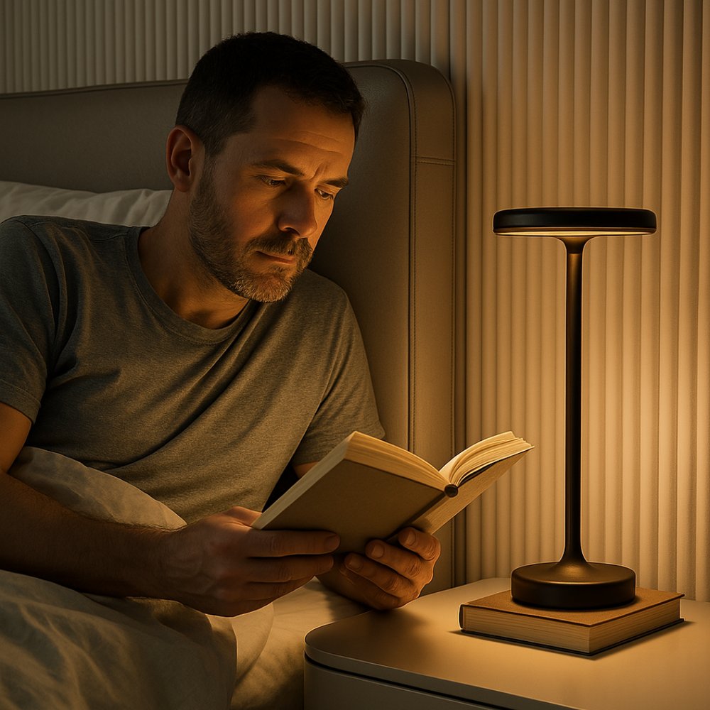Lampe de table LED portable rechargeable, éclairage d'ambiance pratique pour terrasses, jardins et intérieurs.