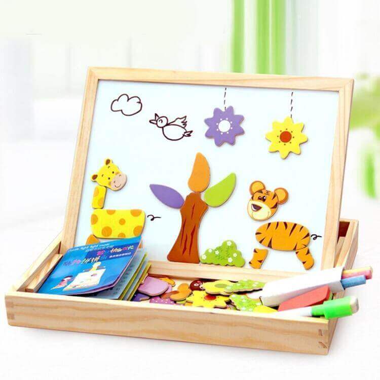 Jeu éducatif en bois: tableau de dessin et puzzle magnétique stimulant la motricité fine et la cognition des enfants.