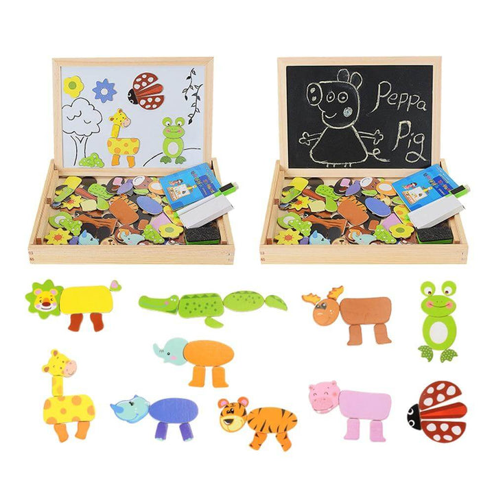 Kit d'apprentissage créatif: tableau noir, blanc et puzzle magnétique en bois, favorisant le développement de l'enfant.