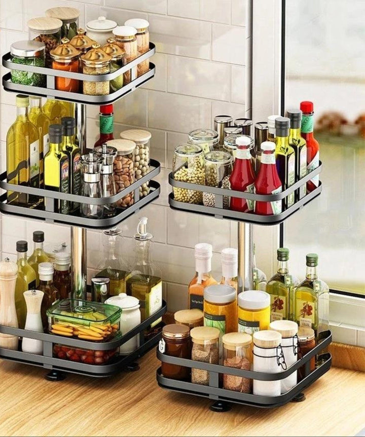 Étagère de cuisine rotative 360° en acier inoxydable, stockage efficace et organisation.