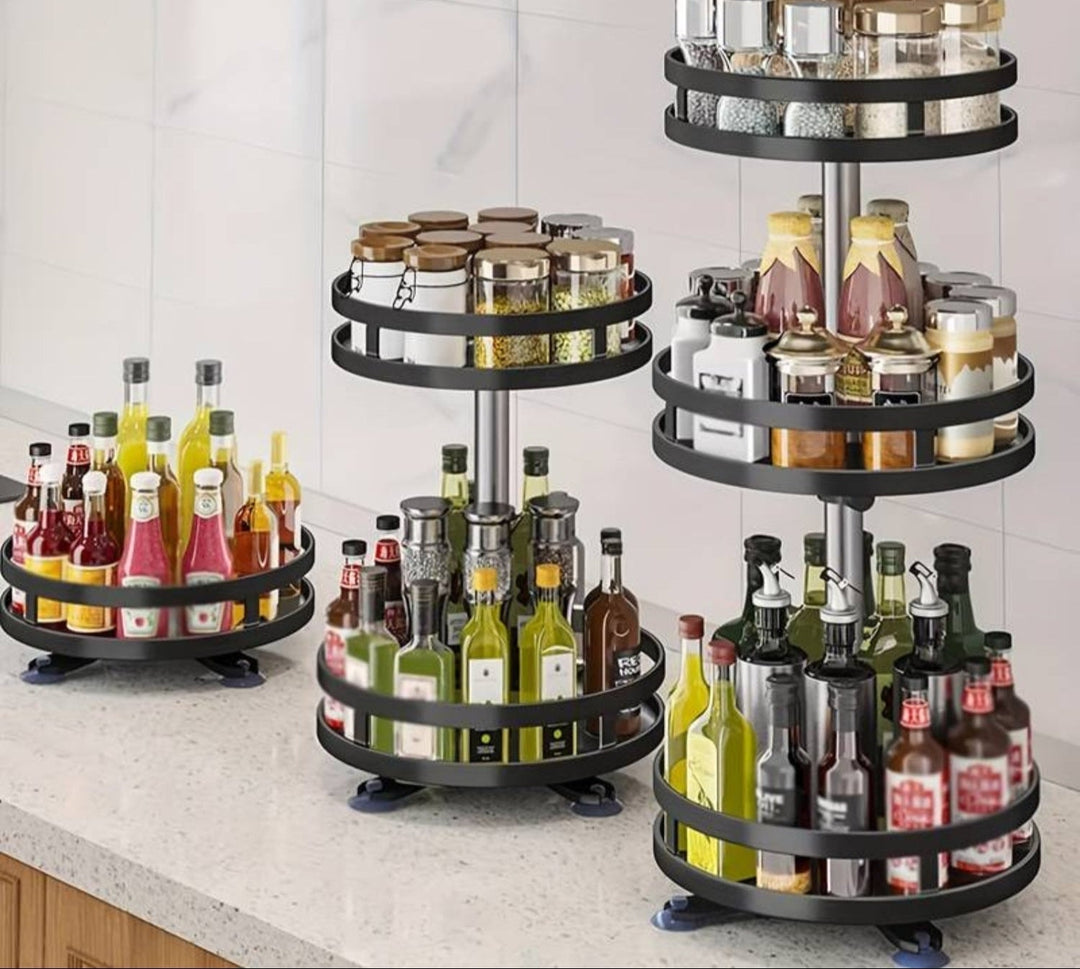 Étagère rotative 360° en acier inoxydable pour cuisine, rangement pratique et organisation facile.