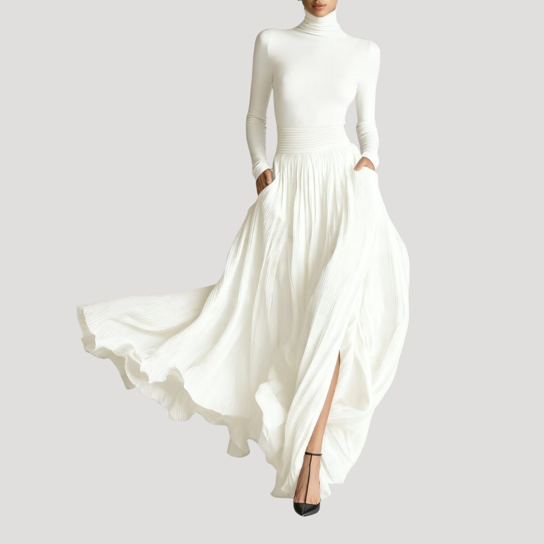 Robe longue plissée rouge pour femme, manches longues, style chic et moderne pour occasions spéciales d'hiver.
