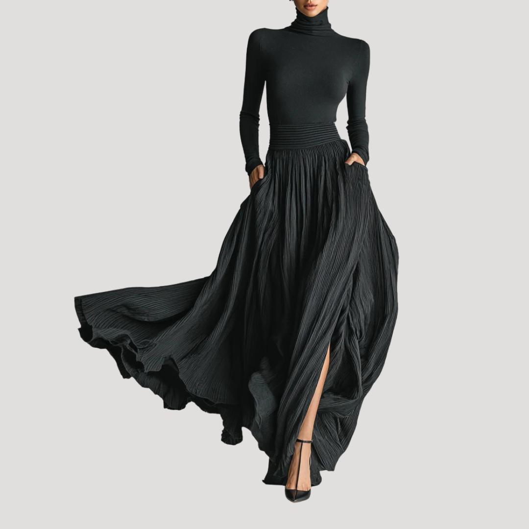Robe longue plissée élégante femme à manches longues, parfaite pour soirée chic ou occasion spéciale.