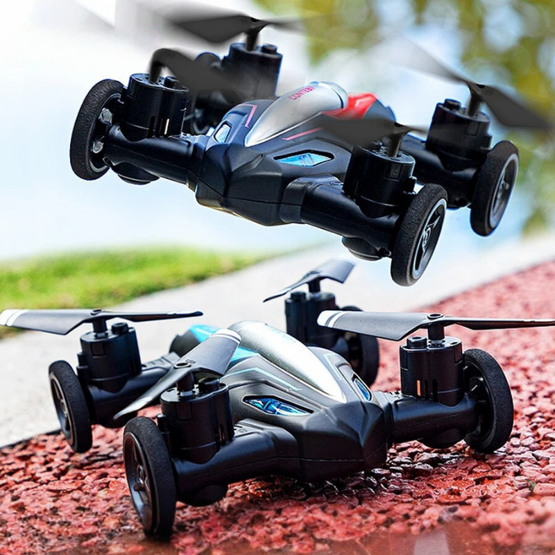 Véhicule télécommandé bleu 2-en-1, jouet voiture et drone pour enfants, doté de lumières LED pour le jeu.